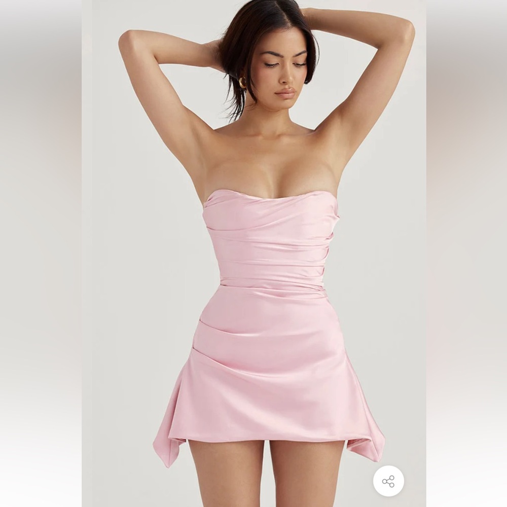 SILKY SATIN PLEATED TRIM CORSET STRAPLESS PARTY MINI DRESS - PINK